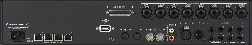 Задняя панель аудиоинтерфейса премиум-класса SoundGrid DiGiGrid IOS-XL